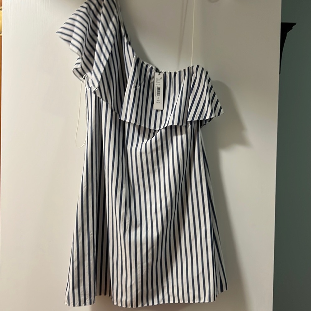 NWT Alice + Olivia Navy and White Striped One Shoulder Dress - Size Large